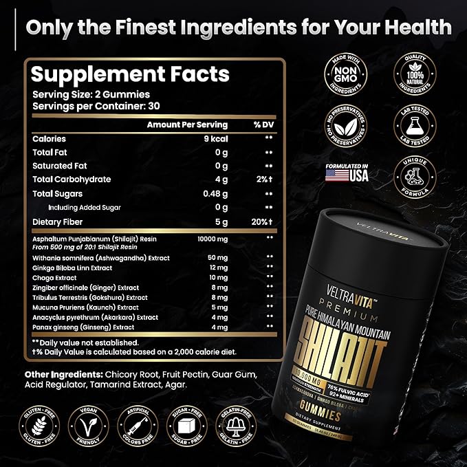 Pure Himalayan Shilajit Gummies with Ginkgo Biloba, Chaga & KSM-66 Ashwagandha | Shilajit for Men & Women |10000 mg Max Potency | 76%+ Fulvic Acid & 92+ Trace Minerals | Sugar Free