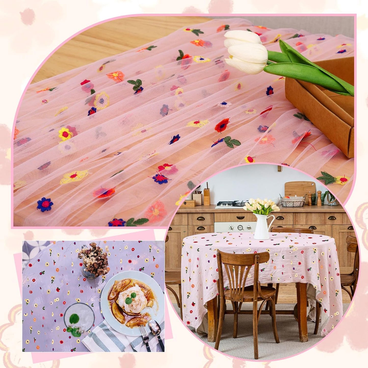 BINBE 6pcs Pink Daisy Fall Table Runner Embroidery Gauze 10FT Florals Seasonal Tulle Holiday Birthday Kitchen Dining Table Decor for Home Party