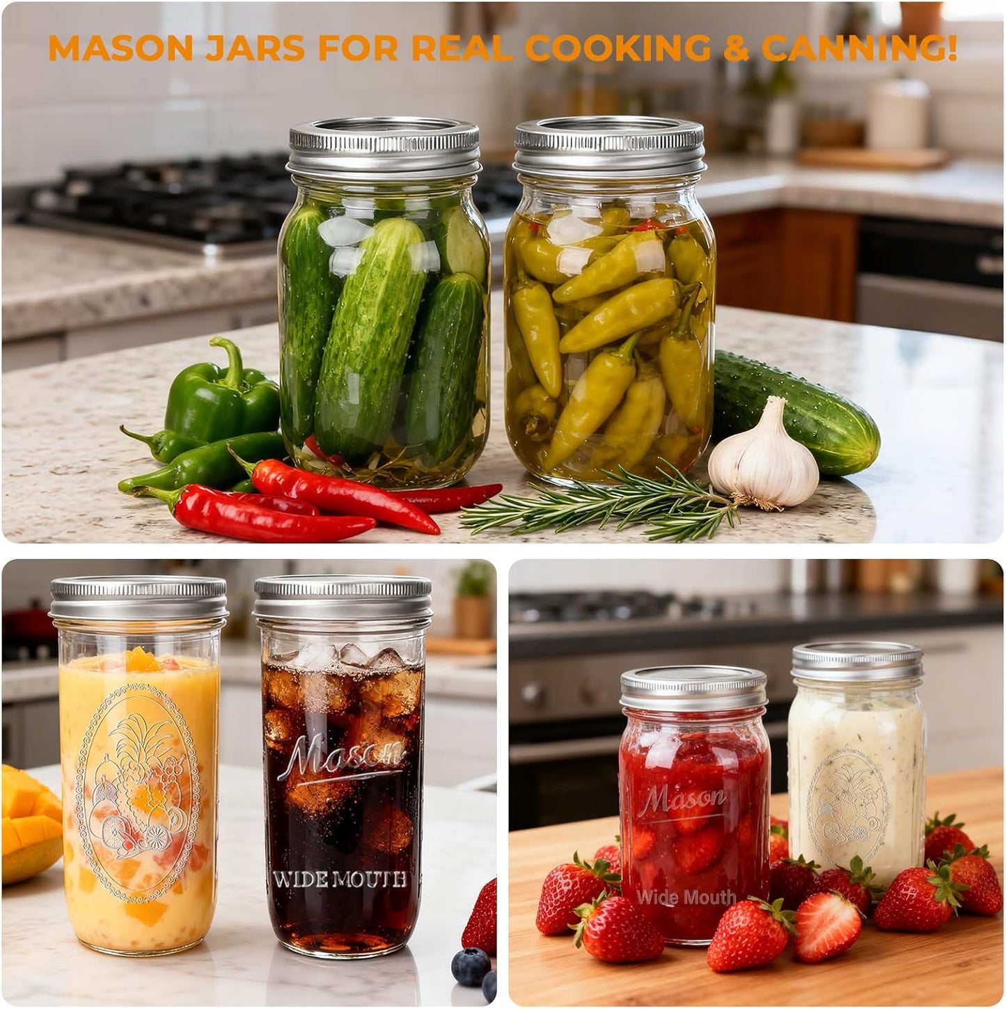 CycleMore Mason Jars Bundle, 12 Pack J Canning Jars With Bands and Lids, Ideal for Jam, Honey, Wedding/Shower Favors, DIY & Oats - 32 OZ x 4, 24 OZ x 4, 16 OZ x 4 (16oz - 24oz - 32oz)
