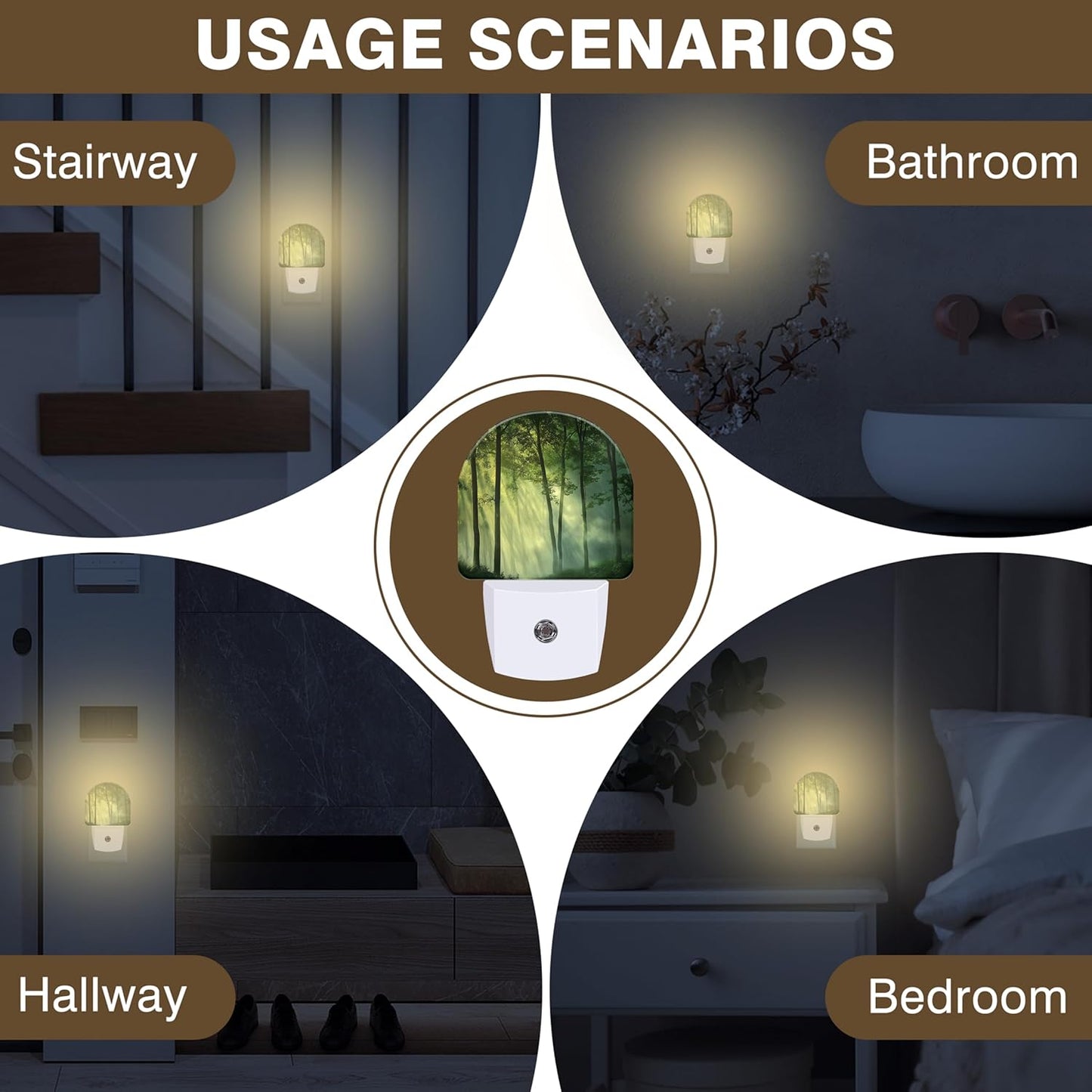 Night Lights Plug into Wall Misty Forest Night Light Dusk to Dawn Smart Sensor Decorative Round Led Lamp for Bedroom Bathroom Kitchen Hallway Nightlight for Women Men