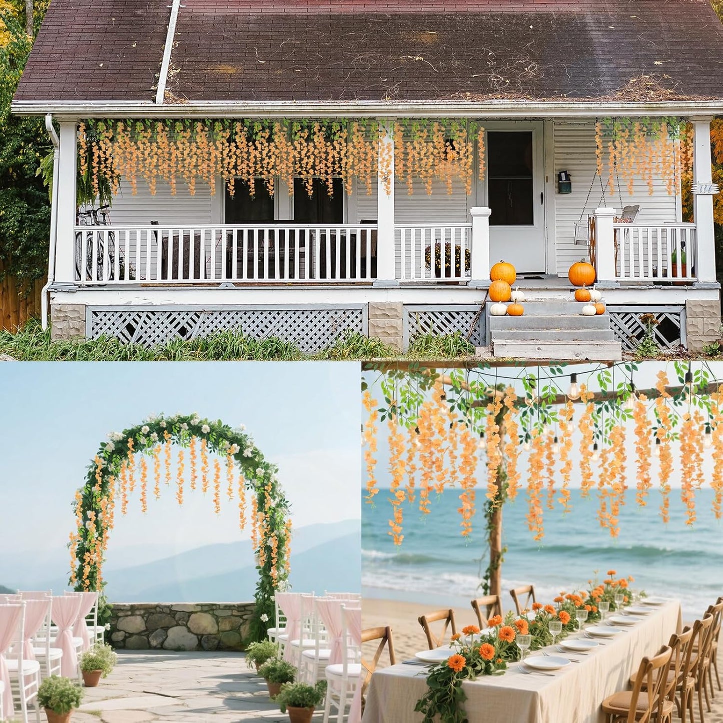 24 Pack Wisteria Hanging Artificial Fall Flowers Fake Flowers Ratta Hanging Garland Silk Flowers String for Home Garden Party Wedding Backdrop Arch Decor (Orange)