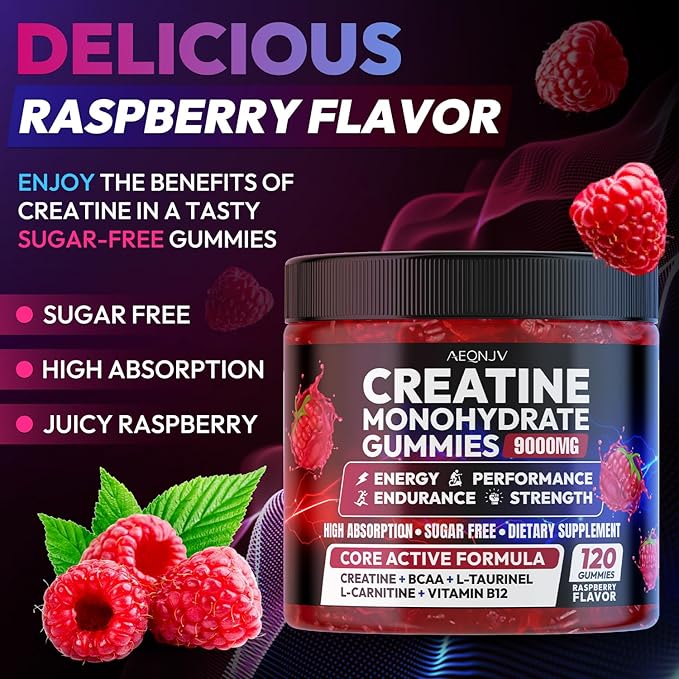 Creatine Gummies Monohydrate Complex 9000MG, Pre-Workout Supplement for Men & Women, Creatine Supplement with L-Taurine, BCAA 2:1, B12/6 for Muscle Support, Enhance Strength, Energy Boost-120 Count
