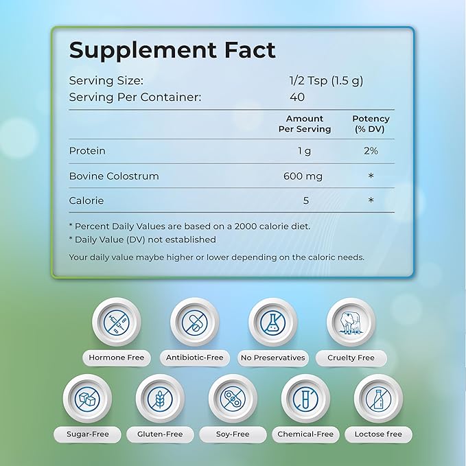 Bovine Colostrum Powder Rich in Protein & Lactoferrin- The True Certified Supplement for Immune Support, Gut Health, Muscle Growth - 60g