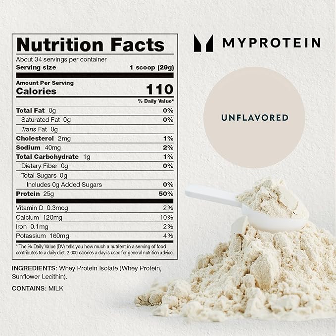 Myprotein Impact Whey Protein Isolate, 2.2 Lbs (40 Servings) Unflavored, 22g Protein, 3.5g Glutamine & 4.5g BCAA Per Serving, Shake for Muscle Strength & Recovery
