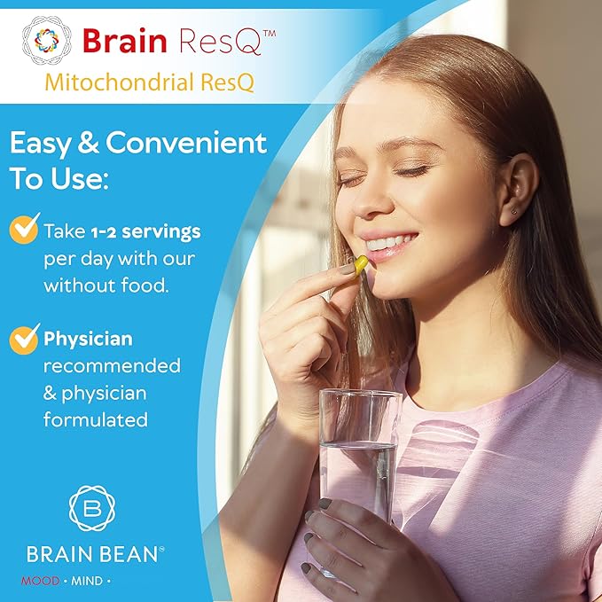 Brain ResQ Advanced Mitochondrial Formula with PQQ, CoQ10, Trans Resveratrol, MenaQ7 & Quercetin Supplement - 100mg of CoQ10 & 15mg PQQ โ Supports Brain, Heart & Cellular Health โ 60 Capsules