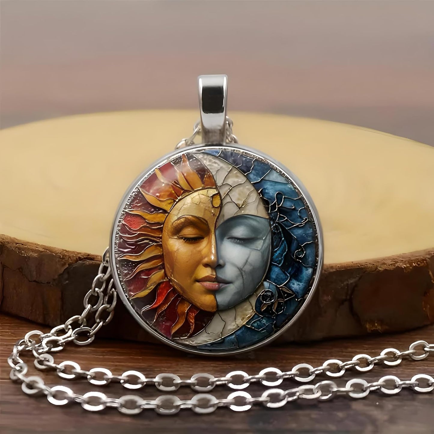1pc Stunning Round Pendant Necklace - Unique Sun & Moon Pattern, Oil Painting Style Glass Mosaic, Alloy Construction, Trendy Sweater Chain, Fashionable Gift for Women - Christmas or Birthday Gift