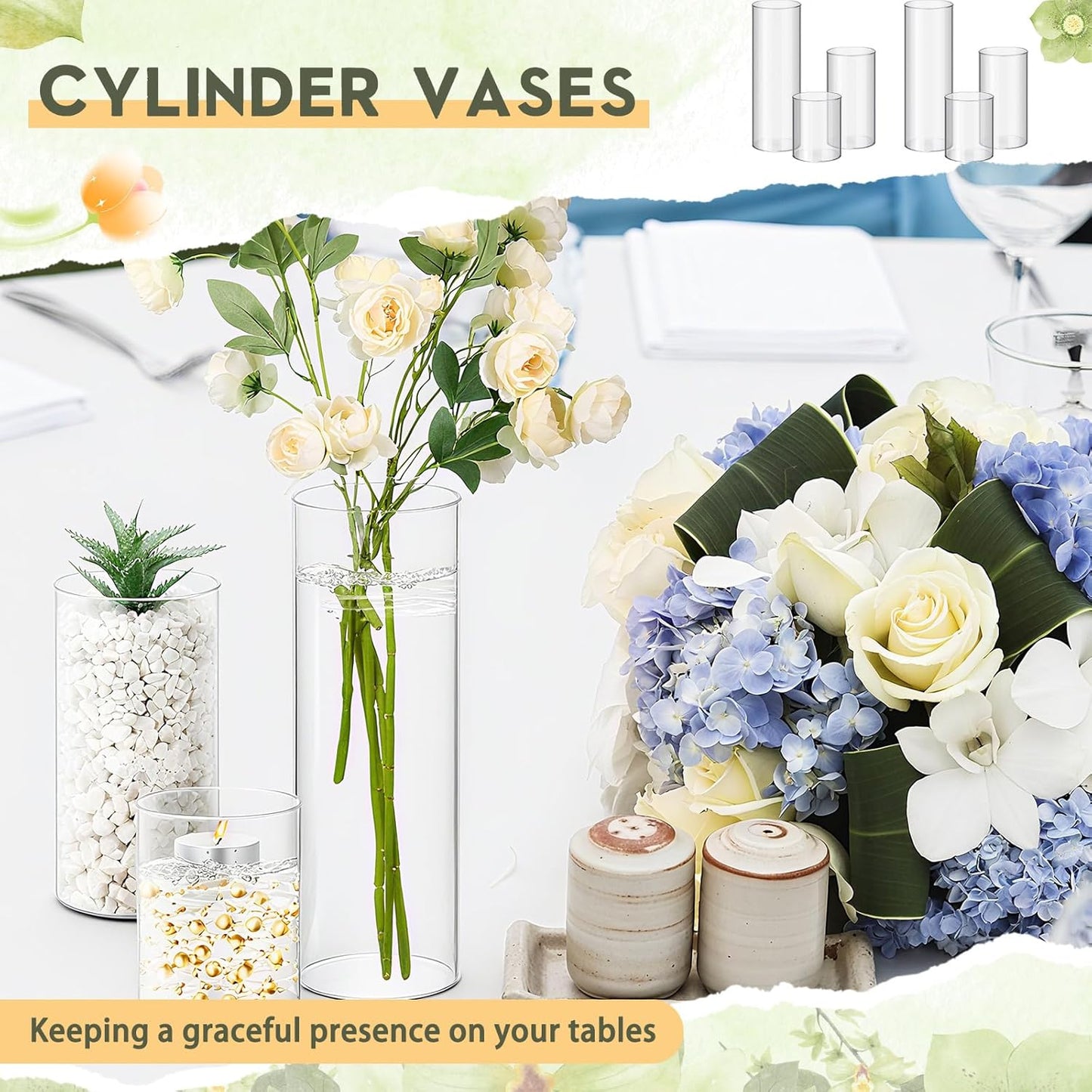 Nuogo 12 Pcs Plastic Cylinder Vases Tall Clear Flower Vases for Centerpieces Hurricane Candle Holder for Home Wedding Office Party Formal Dinners Decorations (4''/6''/8'')