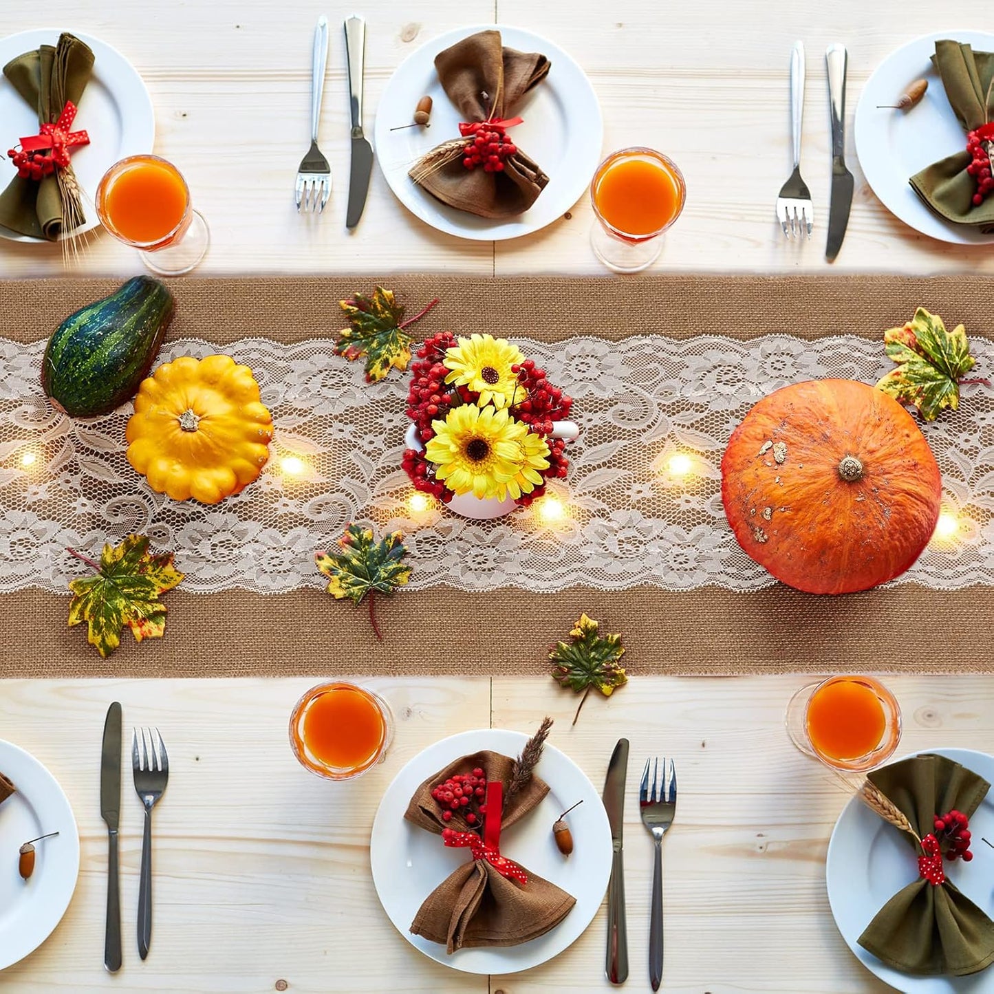 Tudomro 6 Pcs Burlap Table Runner with LED String Lights 12 x 108 Inches Rustic Jute Lace Table Runners Farmhouse Jute Linen Decoration Wedding Decor for Holiday Party Wedding Decorations