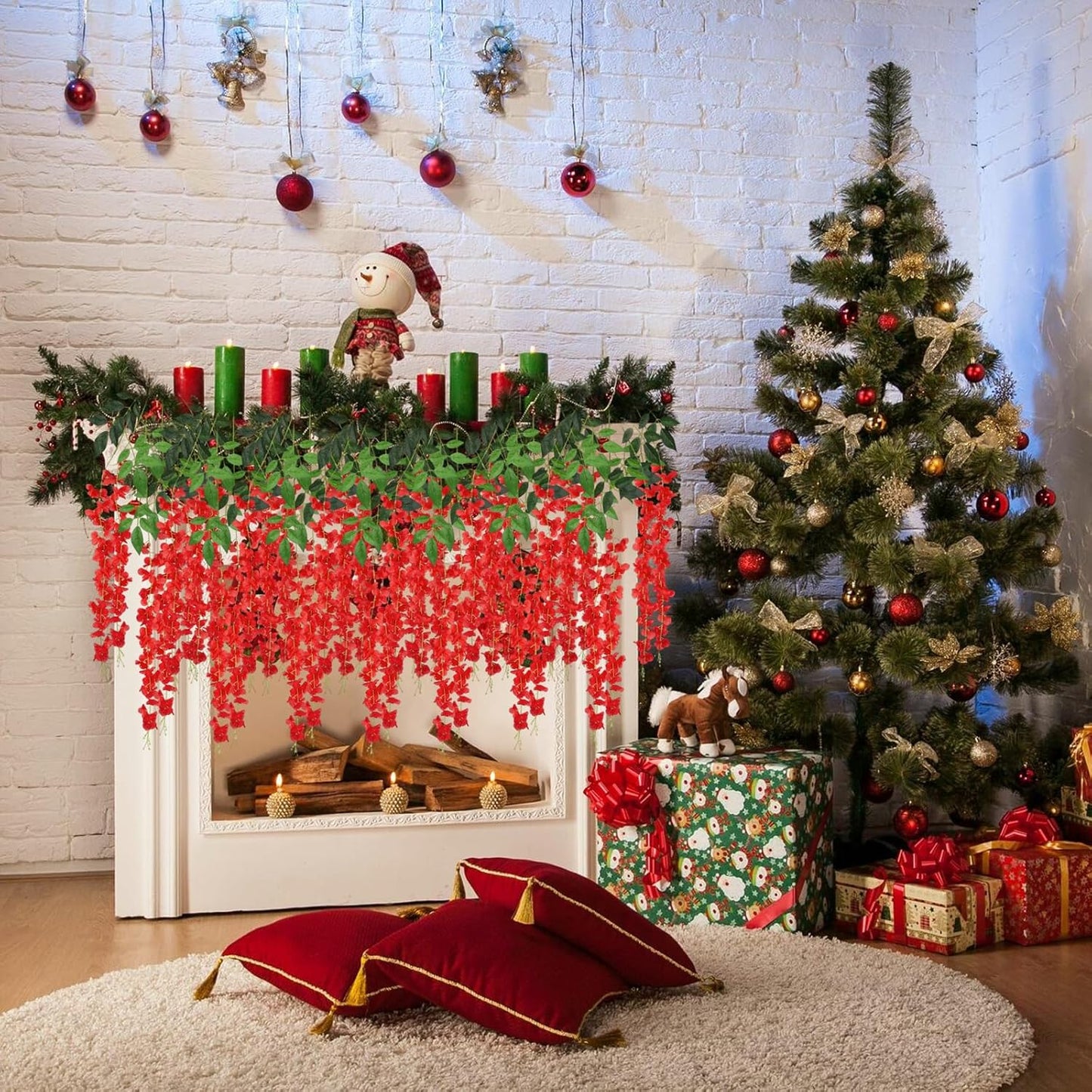 5 Pack Red Wisteria Hanging Flowers, 3.44 Ft Fake Hanging Flowers, Artificial Wisteria Garland Vines for Wedding Room Backdrop Outdoor Patio Garden Decoration