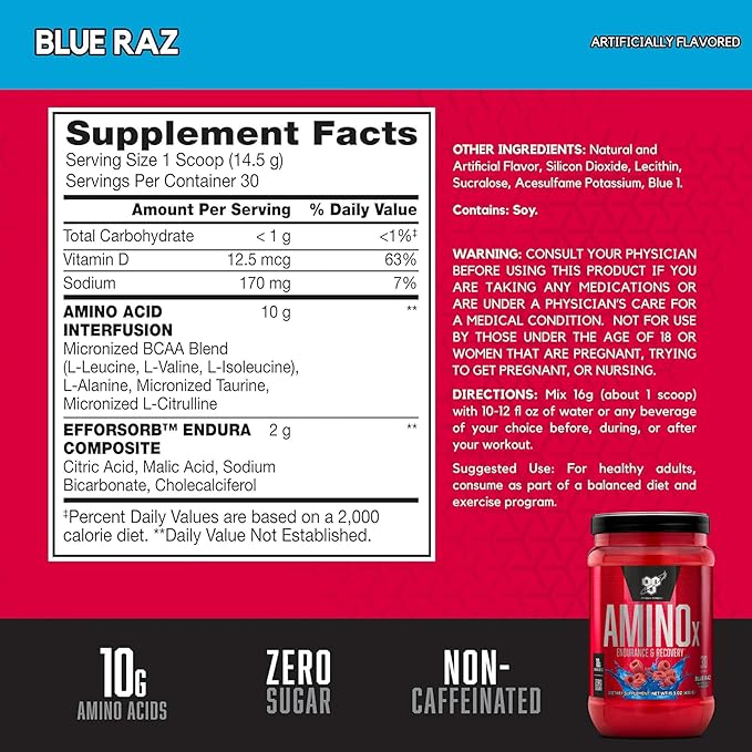 BSN Workout Bundle of NO XPLODE Pre Workout Powder Blue Raz, 30 Servings AMINO X Muscle Recovery Intra Workout Support, Caffeine Free Blue Raz, 30 Servings