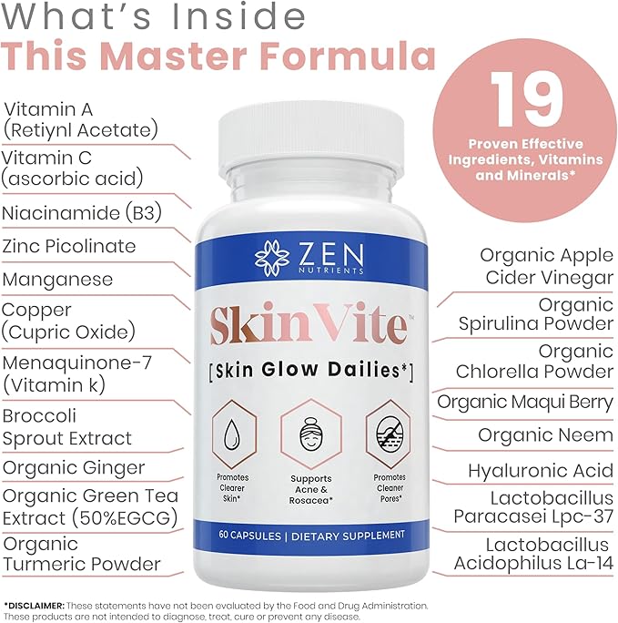 Zen Nutrients SkinVite Natural Skin Supplement for Women, Men & Teens - Hormonal Breakouts & Clear Skin Support Supplement - Detoxifying Vitamin for Acne and Digestion Support