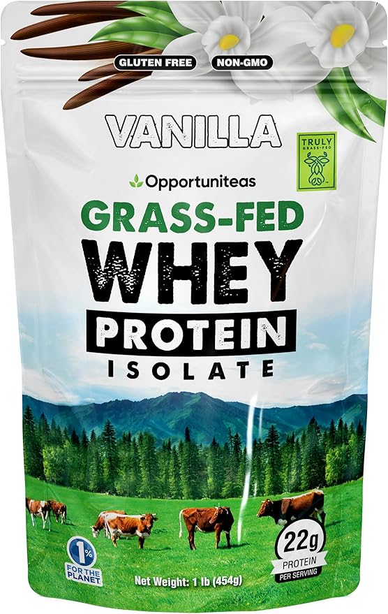Opportuniteas Grass Fed Vanilla Whey Protein Isolate Powder - 22g Protein Powder Without Artificial Sweeteners, Hormone-Free Cows, Non GMO - 1lb
