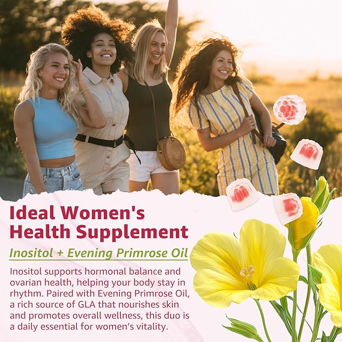 Inositol Gummies Supplement with Evening Primrose Oil for Women - 40:1 Ratio Myo-Inositol 2000mg & D-Chiro Inositol 50mg with VIT D3 B12 & Zinc, Sugar-Free for Natural Balance, Vegan (120ct)