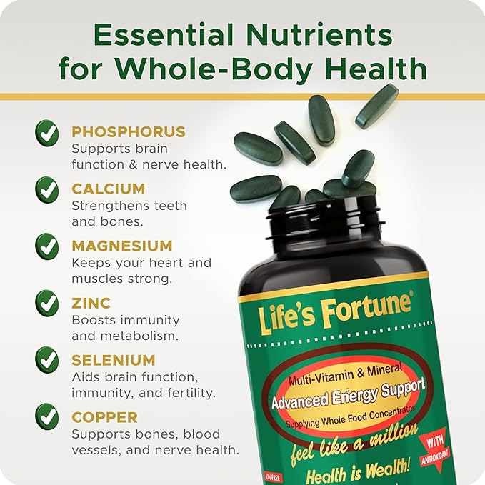 Life's Fortune Whole Food Multivitamin & Mineral, Advanced Energy Support Supplement, Daily Wellness for Men & Women, Amino Acids, 180 Vegetarian Tablets