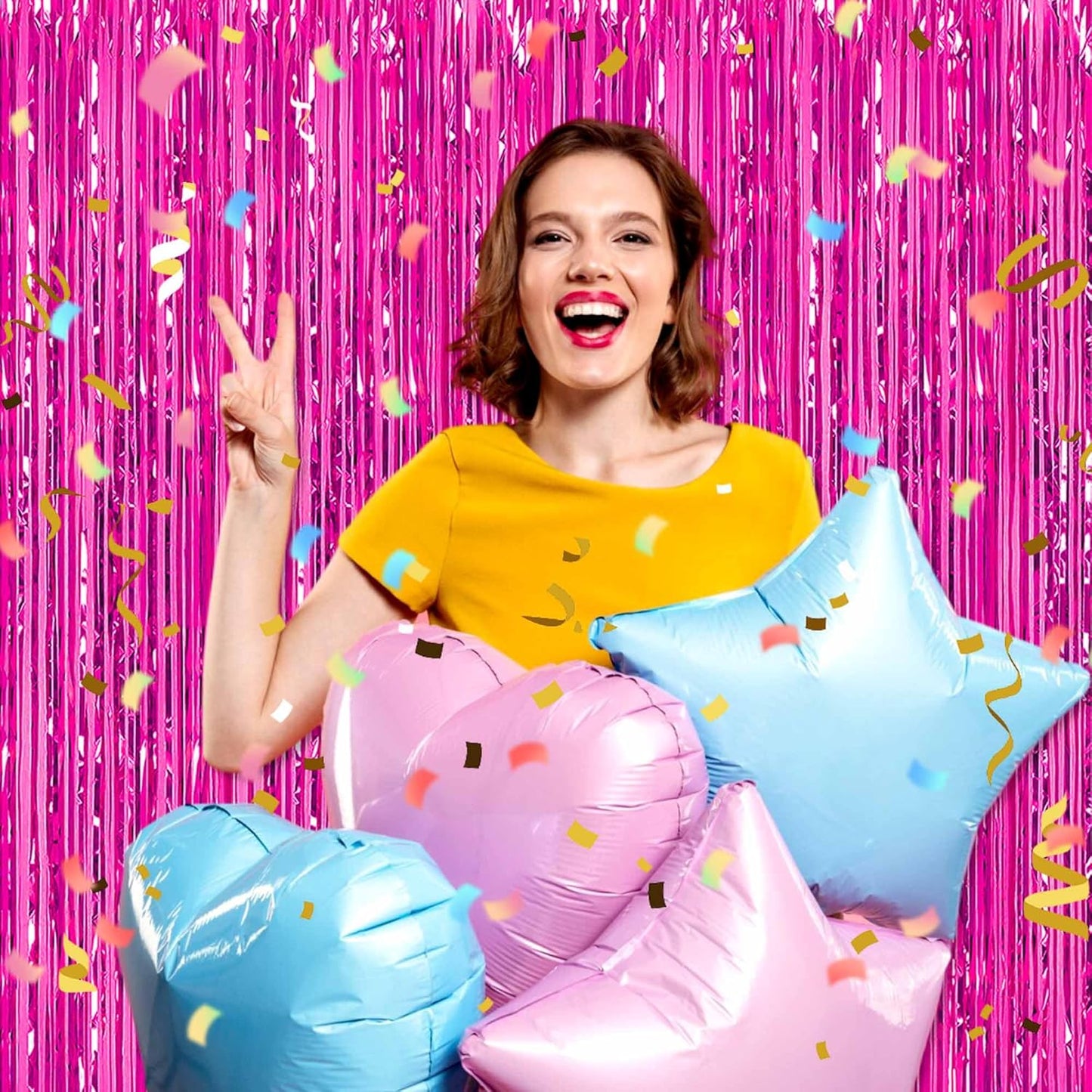 6 Pack Fuchsia Foil Fringe Curtains Backdrop, 3.28 x 8.2 Ft Metallic Streamers Tinsel Curtains Background for Photo Booth, Birthday, Weddings, Carnivals, Graduation, Themed Party Decorations