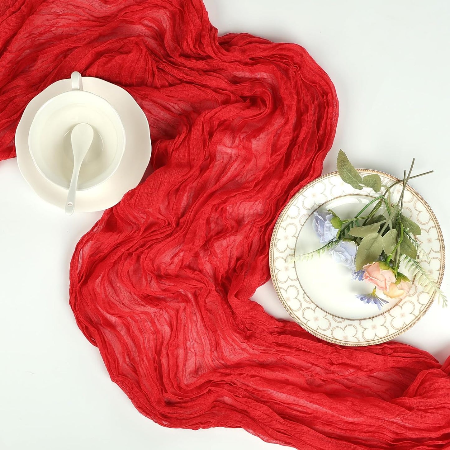 12 Pack Red Cheesecloth Christmas Table Runner 10ft Boho Gauze Fabric Cheese Cloth Table Runner 35 x 120 Inch Rustic Sheer Runner for Wedding Home Decor Holiday Party Table Centerpiece Decoration