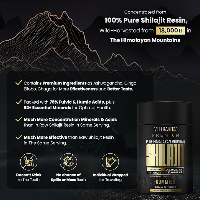 Pure Himalayan Shilajit Gummies with Ginkgo Biloba, Chaga & KSM-66 Ashwagandha | Shilajit for Men & Women |10000 mg Max Potency | 76%+ Fulvic Acid & 92+ Trace Minerals | Sugar Free