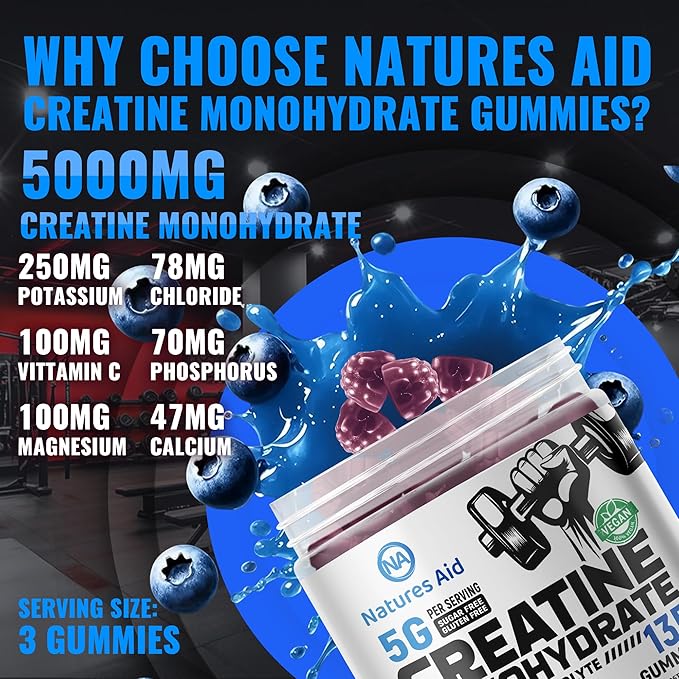 Creatine Monohydrate Gummies (5g) – Pre-Workout Energy & Muscle Growth Support for Men & Women | Blueberry Electrolyte Gummies (135 Count)