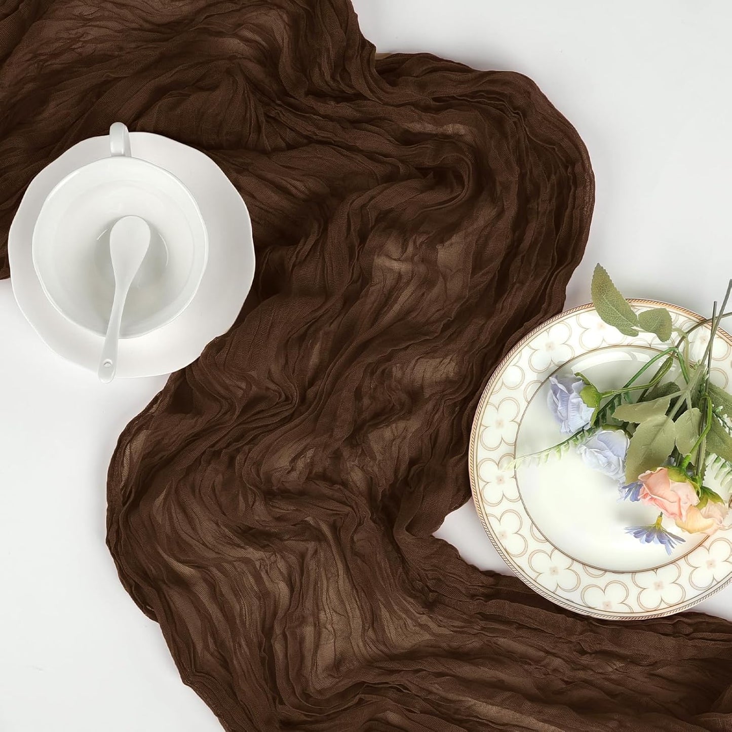 12 Pack Brown Cheesecloth Fall Table Runner 10ft Boho Gauze Fabric Cheese Cloth Table Runner 35 x 120 Inch Rustic Sheer Runner for Thanksgiving Wedding Decor Baby Shower Party Centerpiece Decoration