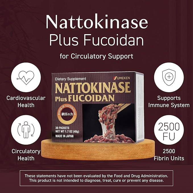 Nattokinase Plus Fucoidan for Circulatory Support, 2500FU Natto, Blood Circulation Supplements, Odor Free & Easy to Take Nattokinase Supplement, Okinawan Fucoidan, 1 Month Supply, 30 Count, Pack of 1