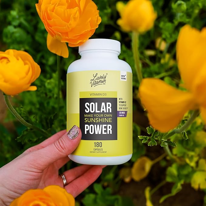 LIVELY VITAMIN CO. Solar Power Vitamin D3 5000 iu - Patented Vitamin K - MK7 - Immune Balance - Brain Function - Mood - Heart - Stress - 180 Count