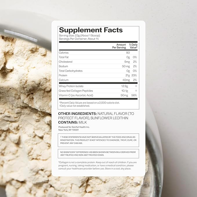 Gainful Collagen Whey Protein Powder, 21g Protein per Serving, Unflavored, Supports Muscle Recovery, Joint Health, and Skin Hydration with Grass-Fed Collagen Peptides, Vitamin C, 14 Servings