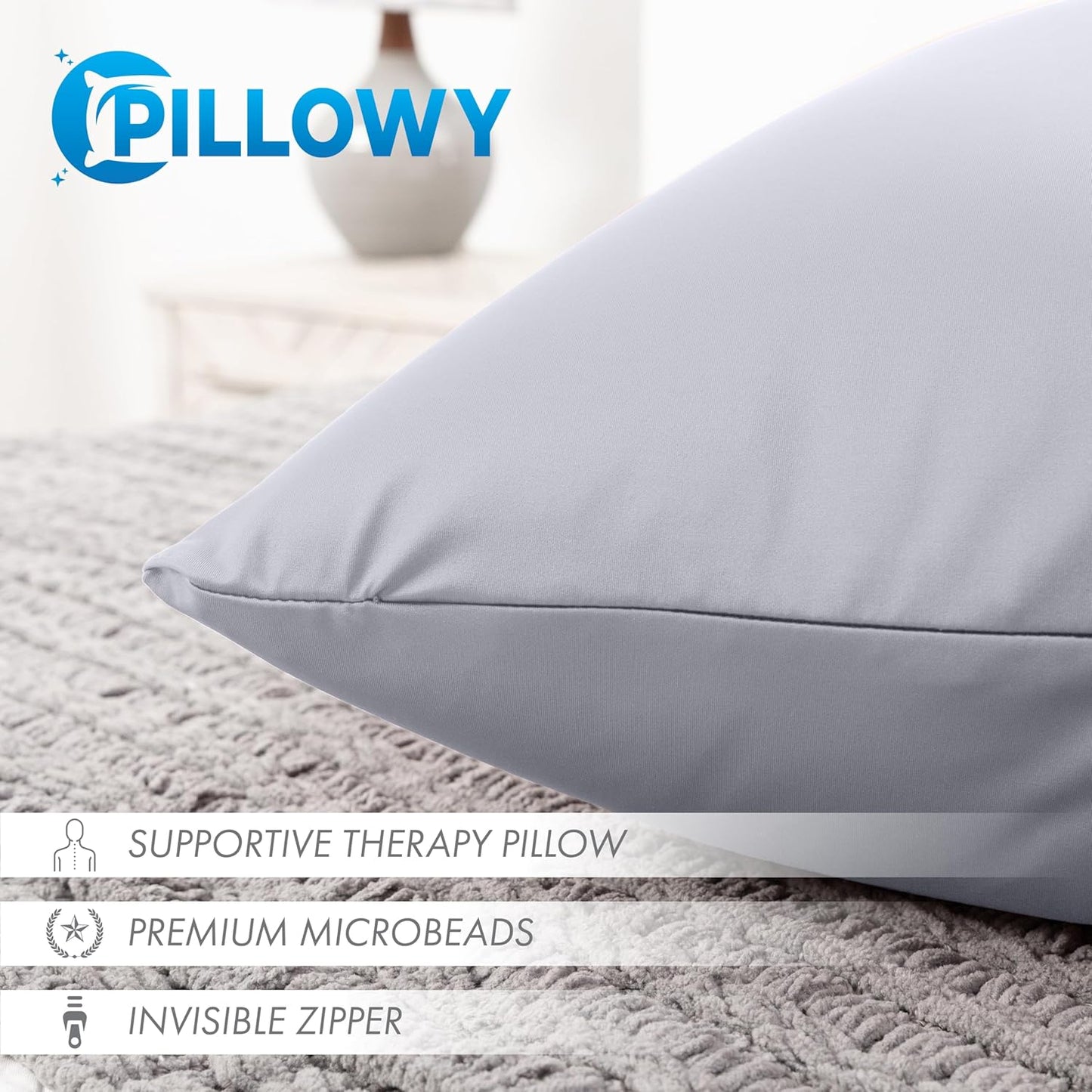 PILLOWY 12" x 20" Throw Pillow - Light Grey: 1 PCS Luxurious Premium Microbead Pillow with 85/15 Nylon/Spandex Fabric. Forever Fluffy, Outstanding Beauty & Support. Silky, Soft & Beyond Comfortable