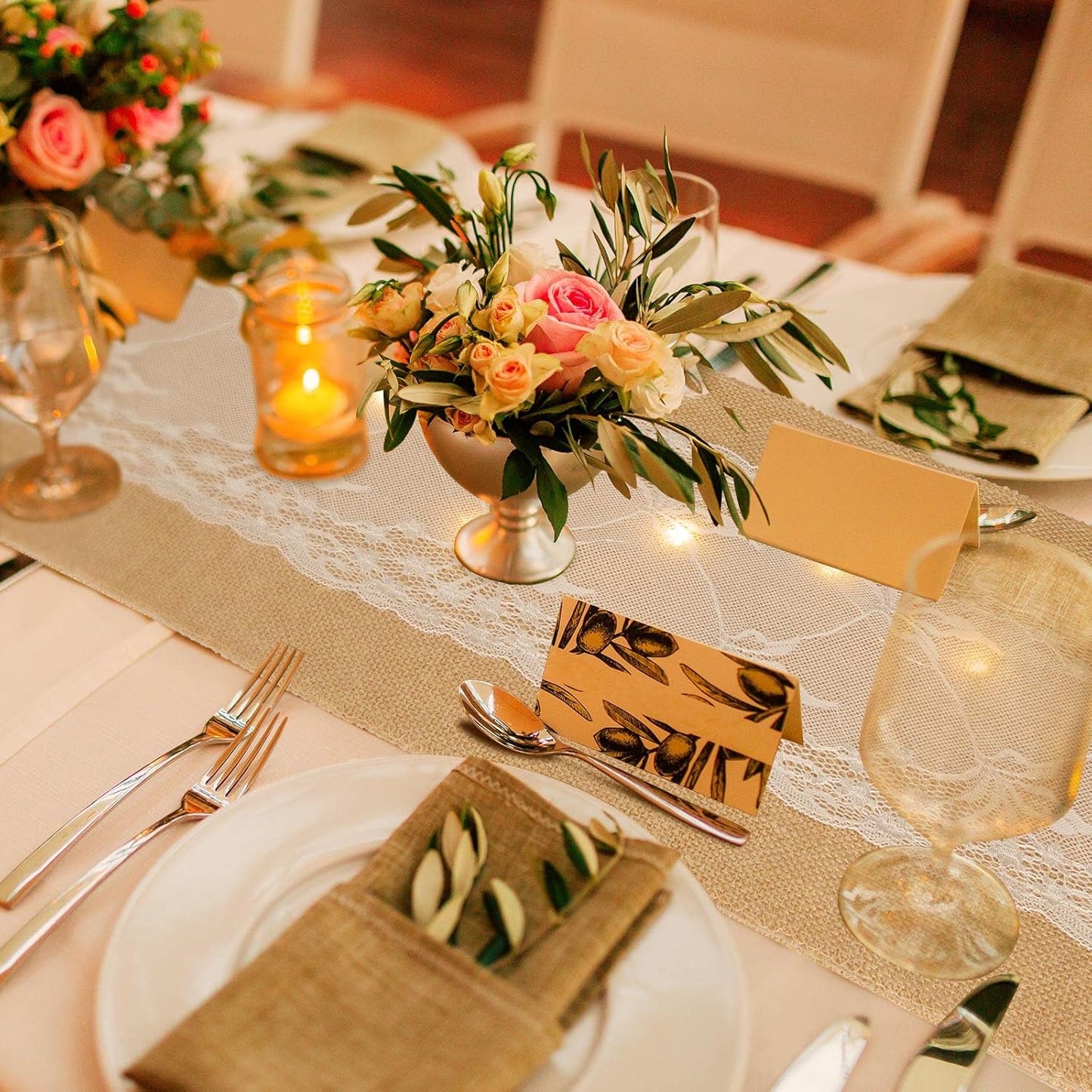 Xinnun 12 Pcs Burlap Table Runner with Lights 12 x 108 Inches Burlap Lace Table Runner Rustic Wedding Decorations Home Party (Vine)