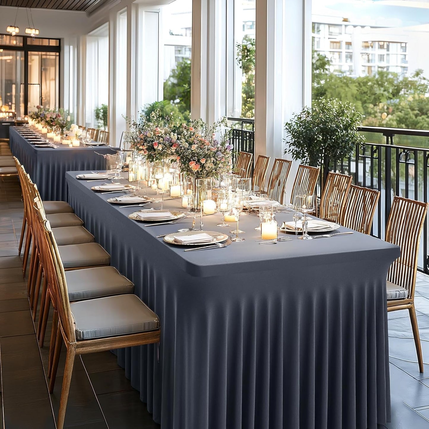 Wish Care 2 Pack Gray Spandex Table Clothes for 6 Foot Rectangle Tables, 6FT Wrinkle Free Fitted Tablecloths Ruffles Design Table Cover for Party, Banquet, Wedding and Events