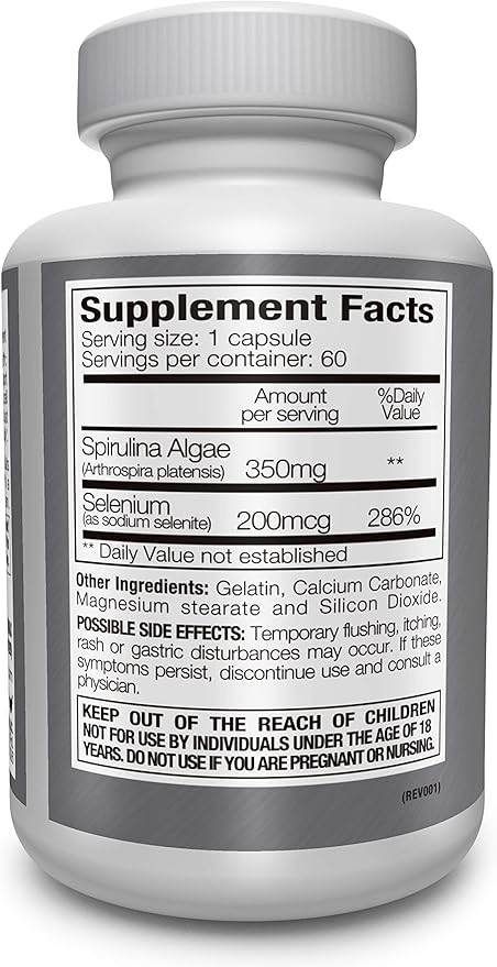 Boost Concentration, Memory and Energy with Premium Selenium + Spirulina - Premium Antioxidant Supplement for Brain Function - 60 Day Supply (60 Capsules) - (1-Pack)