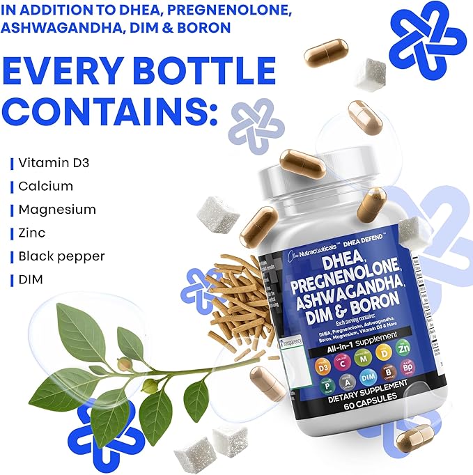DHEA 200mg Supplement Pregnenolone 100mg for Men & Women with DIM Ashwagandha Boron 6mg Complex Calcium Magnesium Zinc 50mg Vitamin D3 5000 iu Hormone Support Capsules Pills - Made in USA 60 Ct