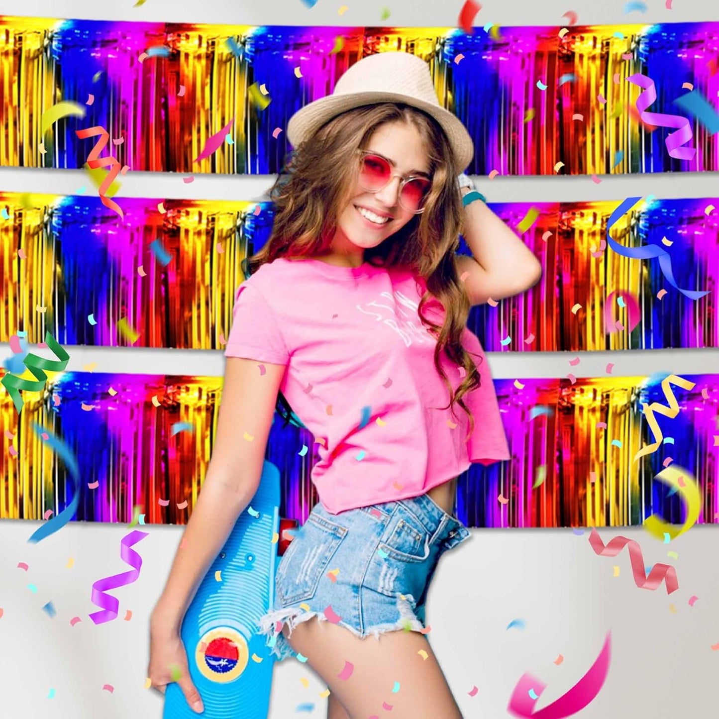 6 Pack 10 Ft Rainbow Foil Fringe Garland Metallic Streamers Tinsel Banner Wall Hanging Garland Backdrop for Parade Floats, Halloween, Christmas, Thanksgiving, New Year Party Decorations