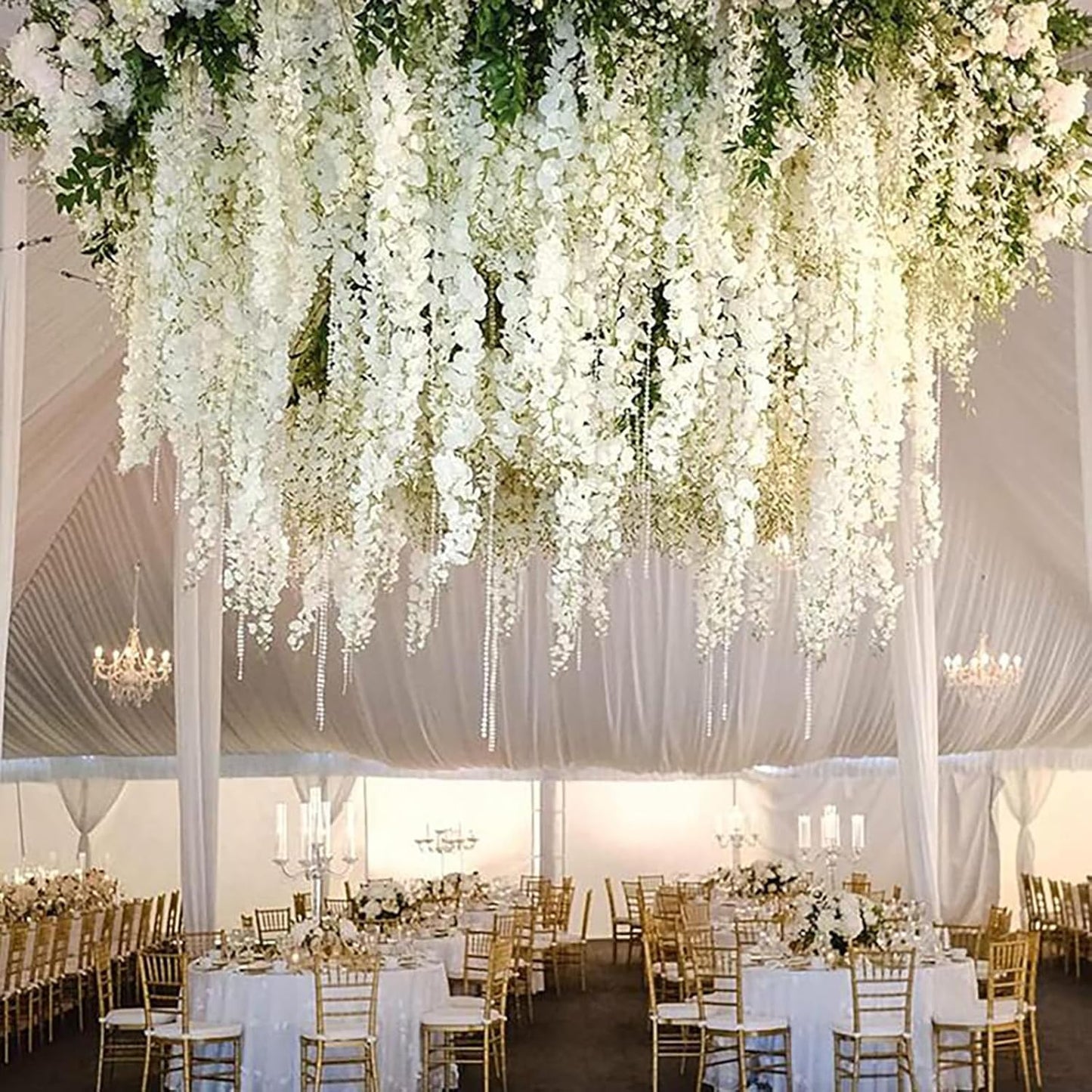 24 Pack White Green Wisteria Hanging Flowers Garland, 3.77 Feet Artificial Flower Vines, Fake Wisteria, Artificial Vines Hanging Garland for Backdrop Outdoor Yard Garden Decor