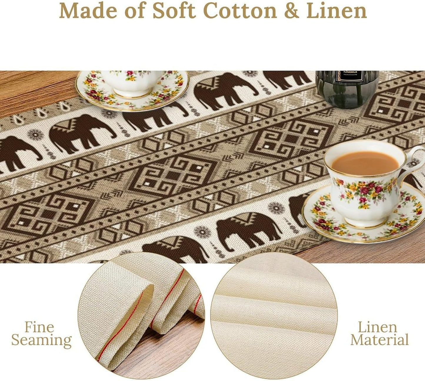 Ethnic Table Runner, Rustic Farmhouse Boho Indian Bohemian Elephant Aztec Tribal Print Beige Table Center Decor for Home Kitchen Dining Patio Holiday Party Indoor Table Decorations, 13"x108" Inch