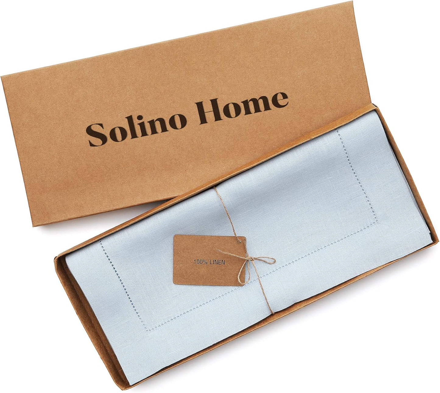 Solino Home Linen Light Blue Table Runner 144 Inches Long - 100% Pure Linen Extra Long Table Runner 14 x 144 Inch - Classic Hemstitch