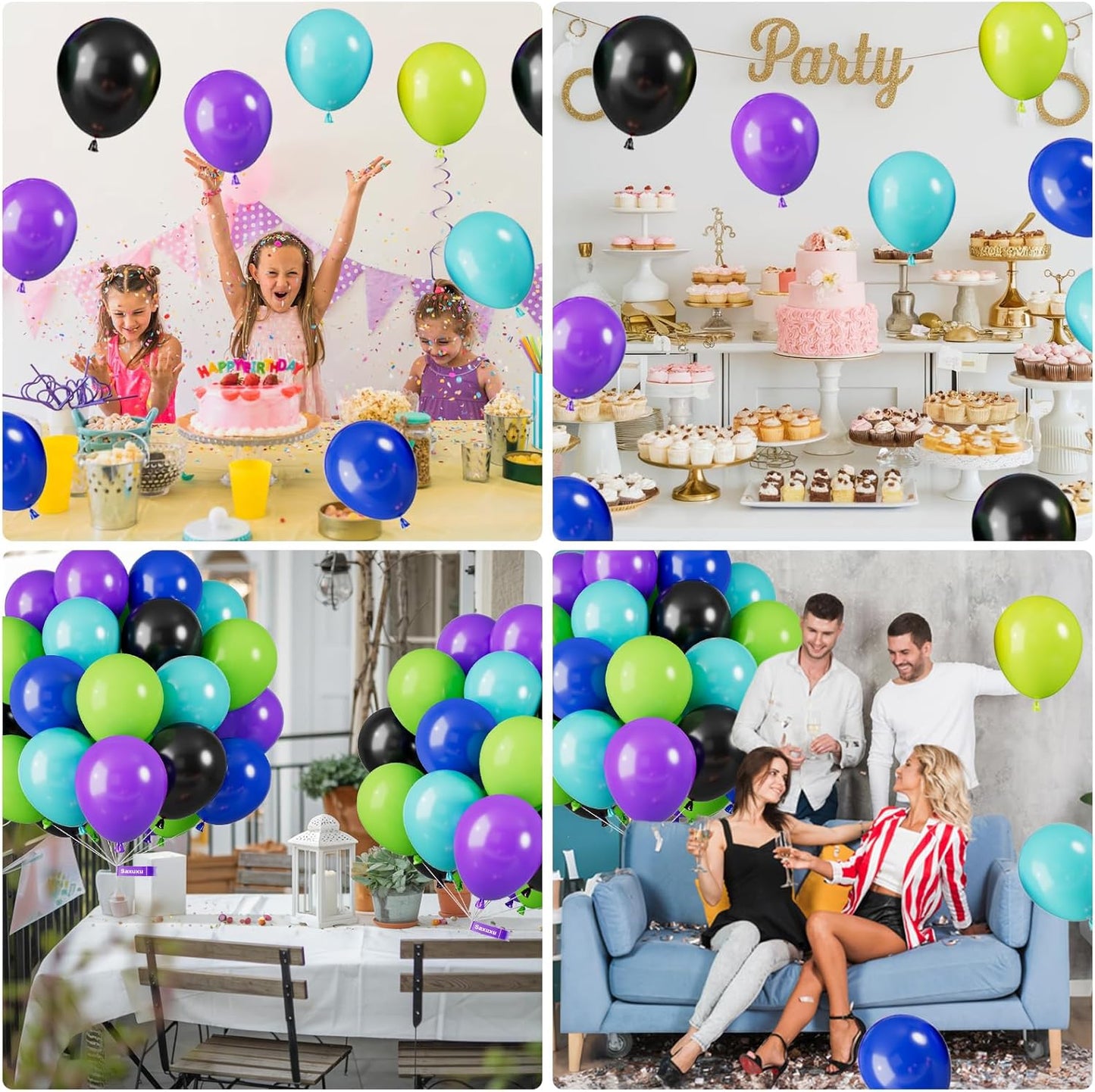 Green Purple Blue Balloons, 12 Inch Purple Green Teal Black Latex Balloons, Royal Blue Helium Support Balloon for Boys Girls Monster Theme Birthday Baby Shower Video Game Party Decorations