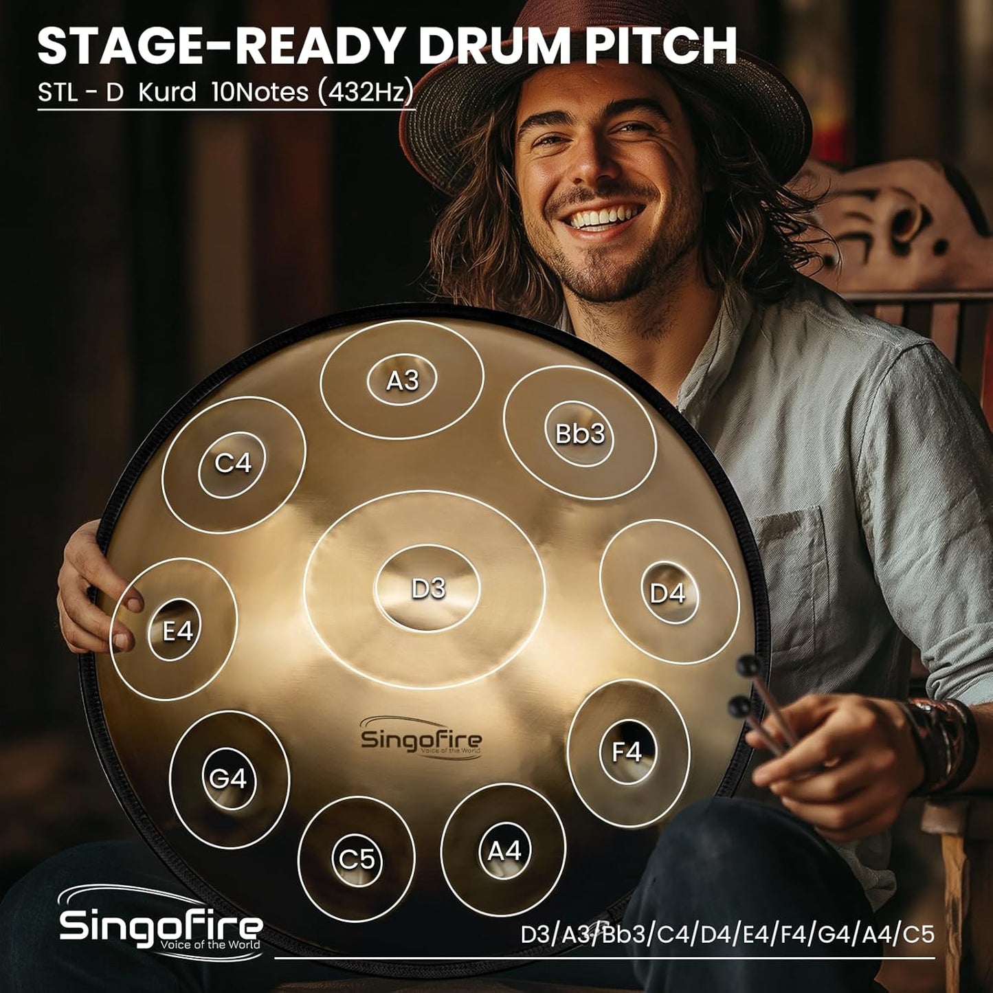 "SINGOFIRE" Handpan Drum, Handpan Drums for Adults, 22-Inch 432Hz D Minor Kurd Handpan, HandPan Instrument (Gold-10Notes(432HZ), 22-Inch)