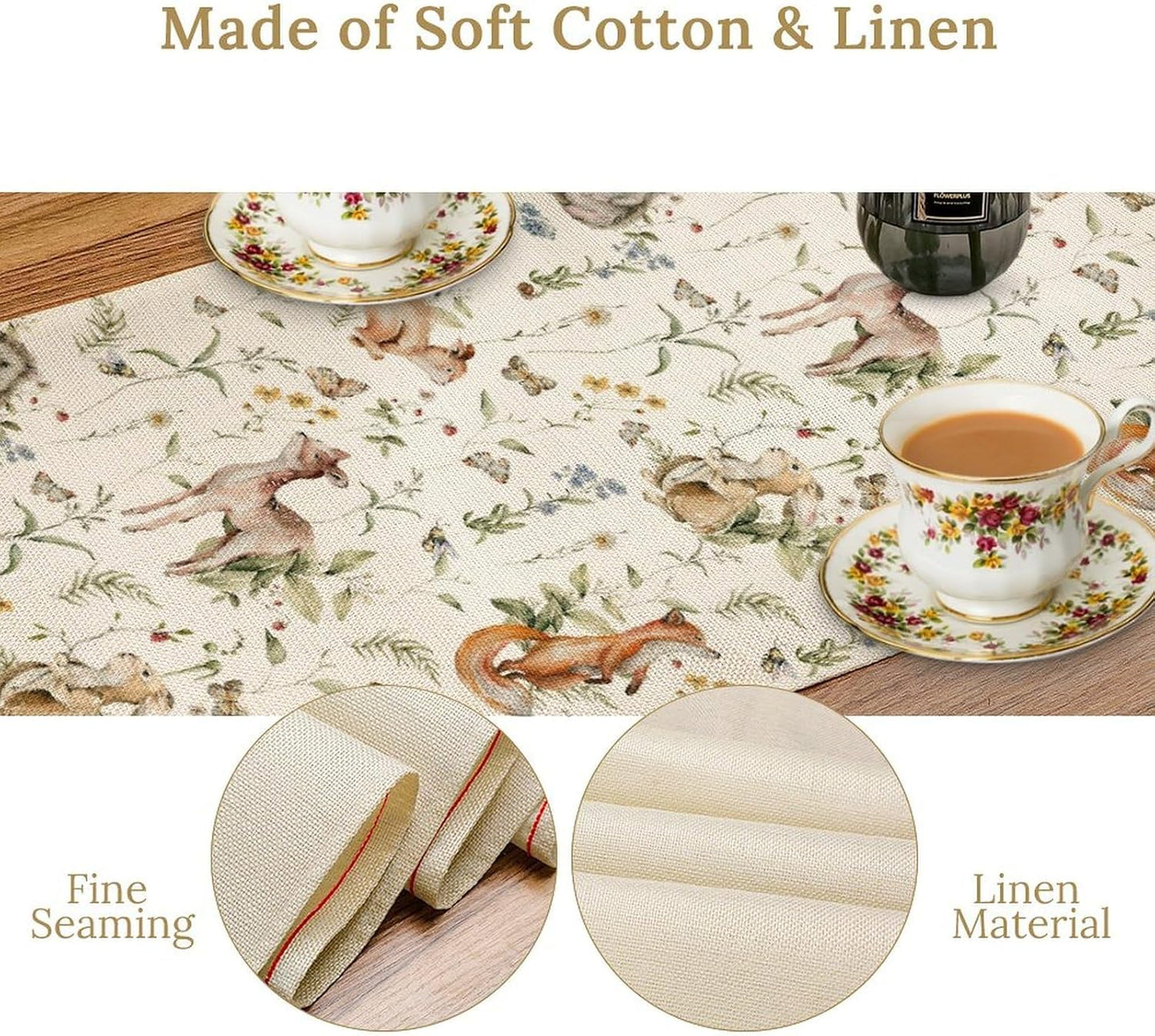 Rustic Woodland Table Runner, Farmhouse Forest Animals Country Lodge Wild Hunt Deer Rabbits Table Center Decor for Home Kitchen Dining Patio Holiday Party Indoor Table Decorations, 13"x72" Inch