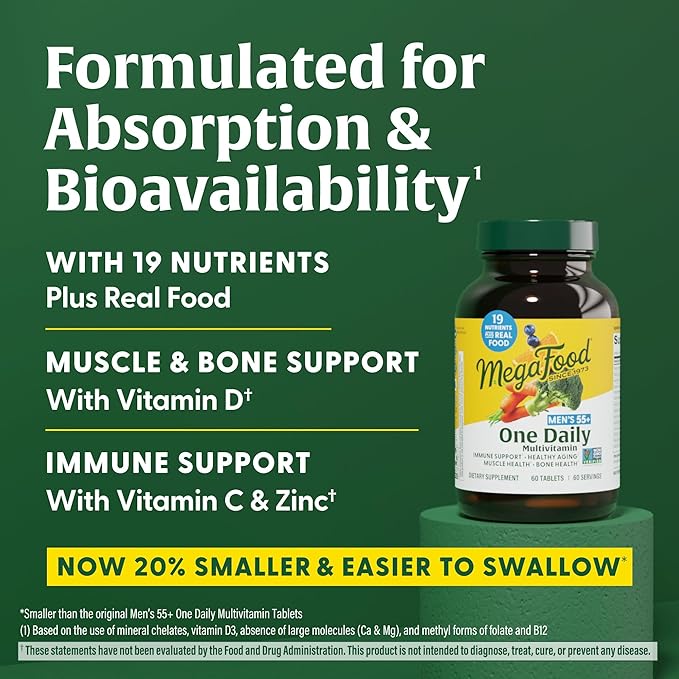 MegaFood Men's 55+ One Daily - Multivitamin for Men with Vitamin B12, C, D & Zinc - Optimal Aging & Immune Support Supplement - Vegetarian - Made Without 9 Food Allergens - 60 Tabs