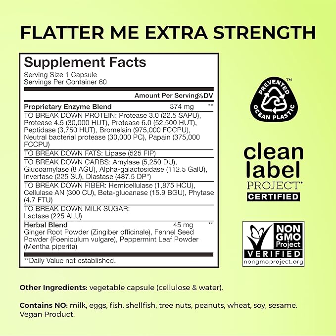 HUM Flatter Me Extra Strength Digestive Enzymes - Fast-Acting Bloat Relief for Digestive Health & Debloating Multi Enzyme, Vegan, 60 Servings
