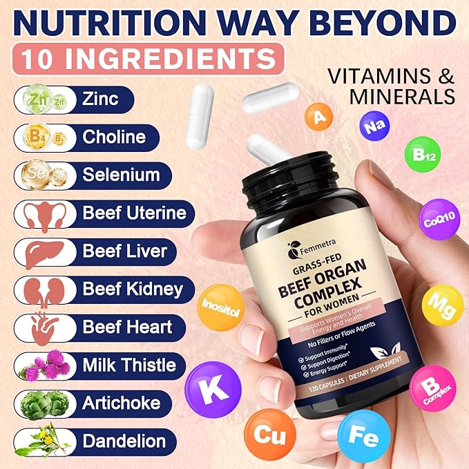 Female-Optimized Beef Organ Complex Superfood Supplement, Beef Liver, Kidney, Heart, Uterus & 6 More, Balance Hormones, Energy & Women's Overall Wellness, with Milk Thistle, Zinc, Grass-Fed, 60 Day