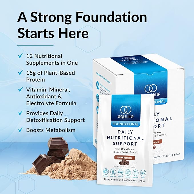 Equilife Daily Nutritional Support, All-in-One Multivitamin Meal Replacement, Pure Chocolate Flavor, 15G Plant Protein, Supports Overall Wellness Including Energy, Digestion, & Skin, 14 Packets