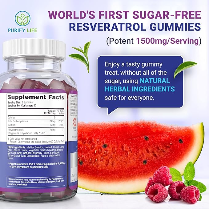 Sugar-Free Resveratrol Gummies - Potent Anti-Aging Antioxidant - Resveratrol Supplement to Support Digestive & Immune Health - Natural Herb for Cell Growth & Repair - Easy Chewable NMN Alternative