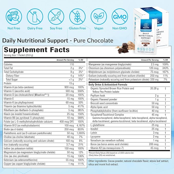 Equilife Daily Nutritional Support, All-in-One Multivitamin Meal Replacement, Pure Chocolate Flavor, 15G Plant Protein, Supports Overall Wellness Including Energy, Digestion, & Skin, 14 Packets