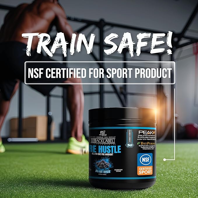 BLACKLABEL Supplements PRE Hustle V3 Pre-Workout Powder – NSF Certified for Sport – Energy, Strength & Endurance Support – Blue Razz – with Creatine & Caffeine – 30 Servings