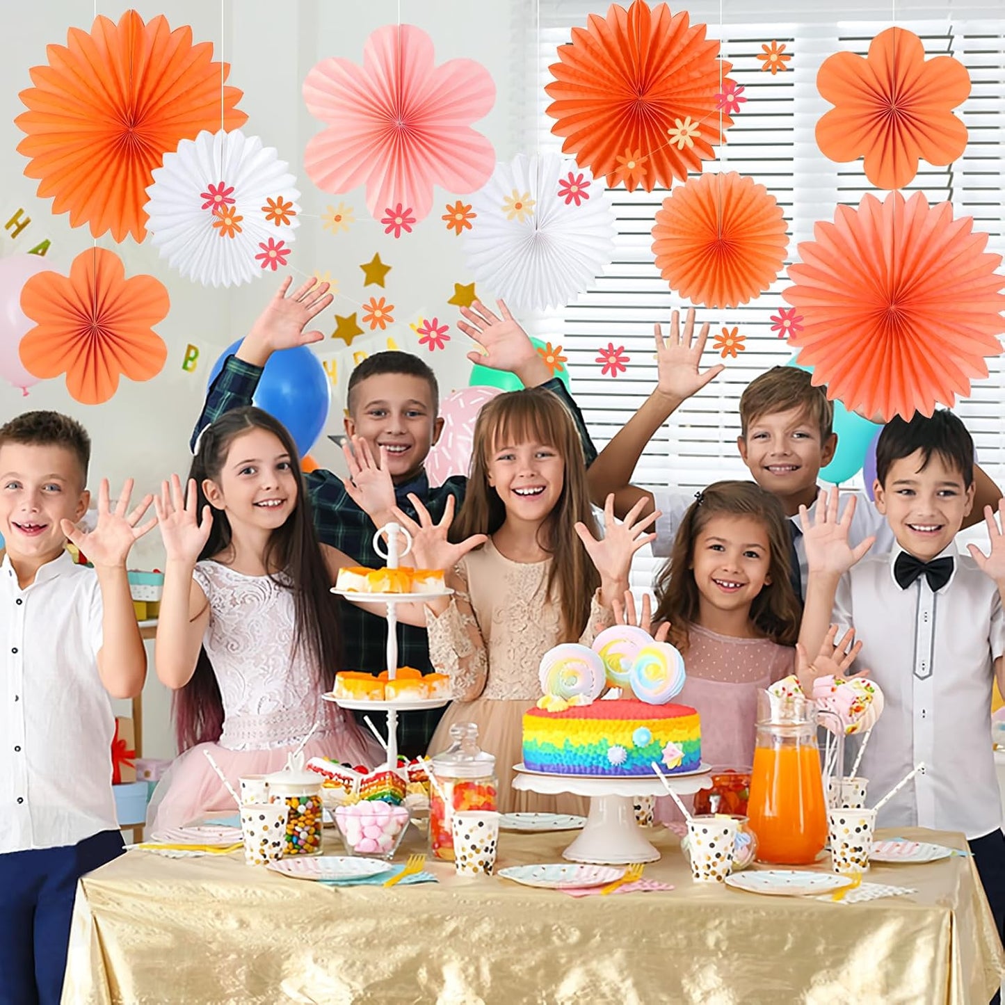 SUNBEAUTY Paper Fans Decorations Pink and Orange Party Decorations Flower Party Decorations Classroom Decoration Paper Floral Backdrop Decor Flower Wall Decor with Daisies,Set of 9