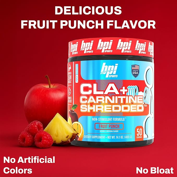 BPI Sports CLA + Carnitine Shredded - Convert Fat Cells Into Energy and Supports Lean Muscle, Boost Metabolism - Non-Stimulant L-Carnitine Supplement - Fruit Punch (14.1 oz. / 50 Servings)