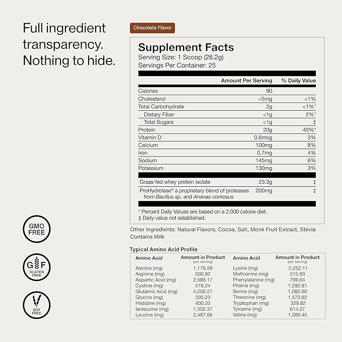 Momentous Essential Grass-Fed Whey Protein Powder - 20 g Whey Isolate Protein - NSF Certified for Sport - Gluten-Free - 24 Servings for Essential Everyday Use - Chocolate - Package May Vary