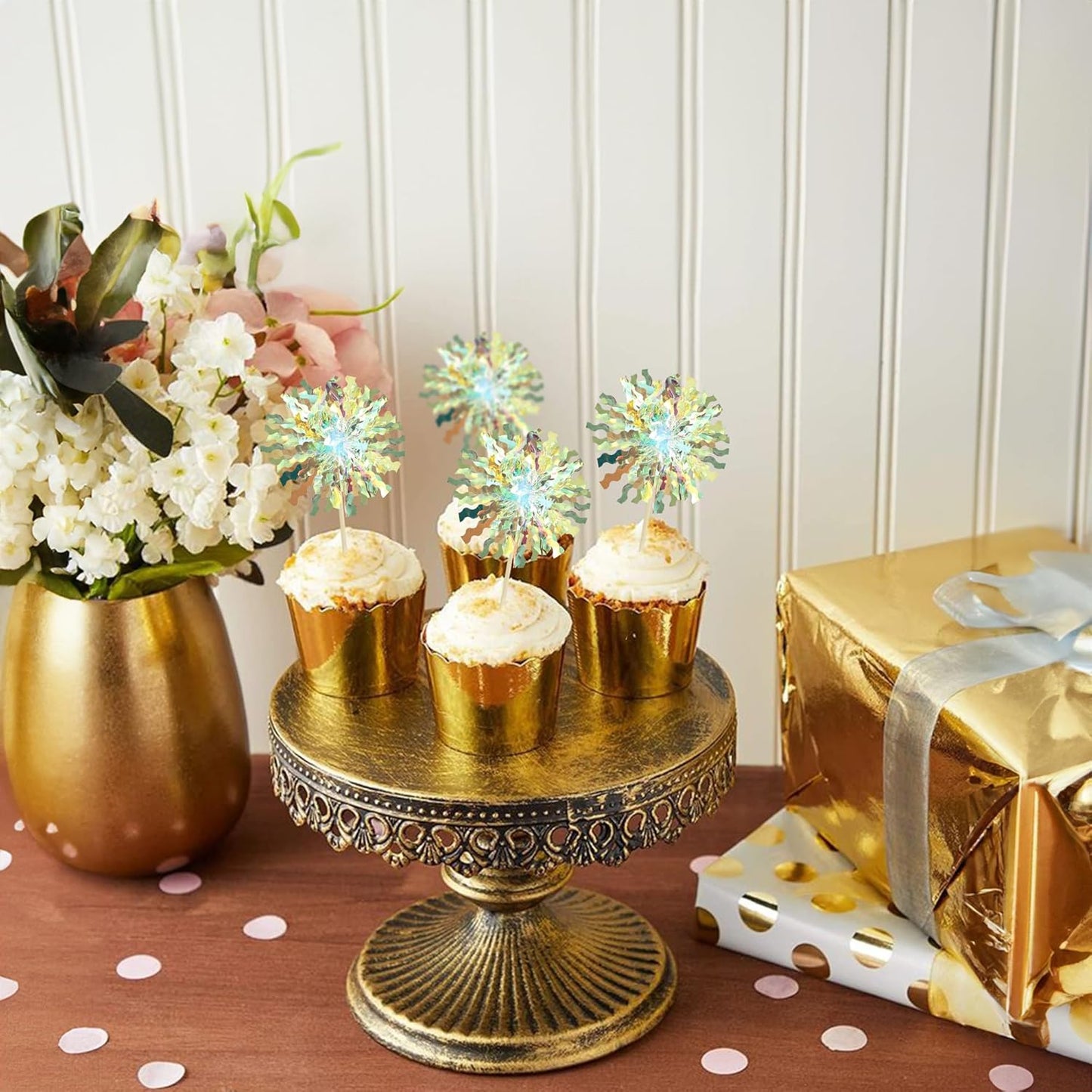 Ephlyn 30Pcs Foil Firework Cupcake Toppers Sparkle Tinsel Cupcake Picks Firework Cake Decorations Cocktail Food Fruit Toothpicks for Baby Shower Graduation Party Supplies White