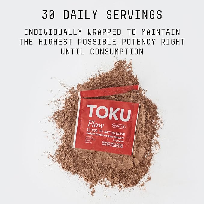 Toku Flow, Functional Daily Powder with 10,800 FU Soy-Free Nattokinase, Vitamin K2 MK7 & Oat Beta Glucan, Plant-Based Formula, Chocolate Flavor, 30 Packets